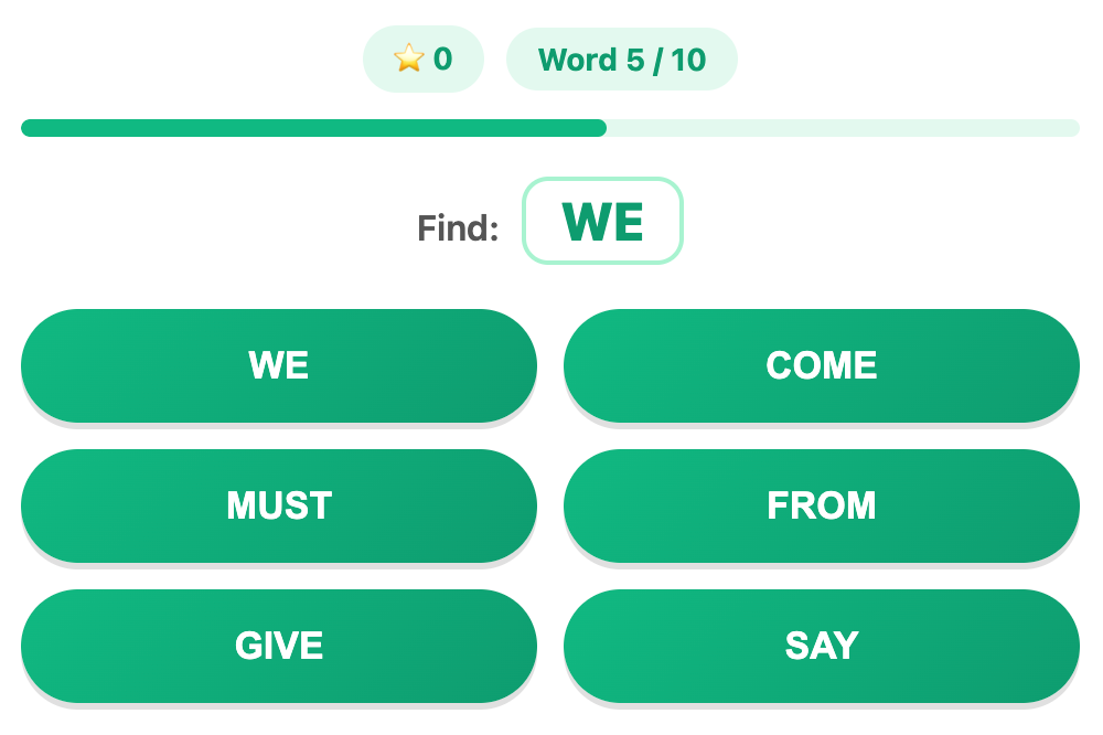 a screenshot about an example round of the sight word pop game