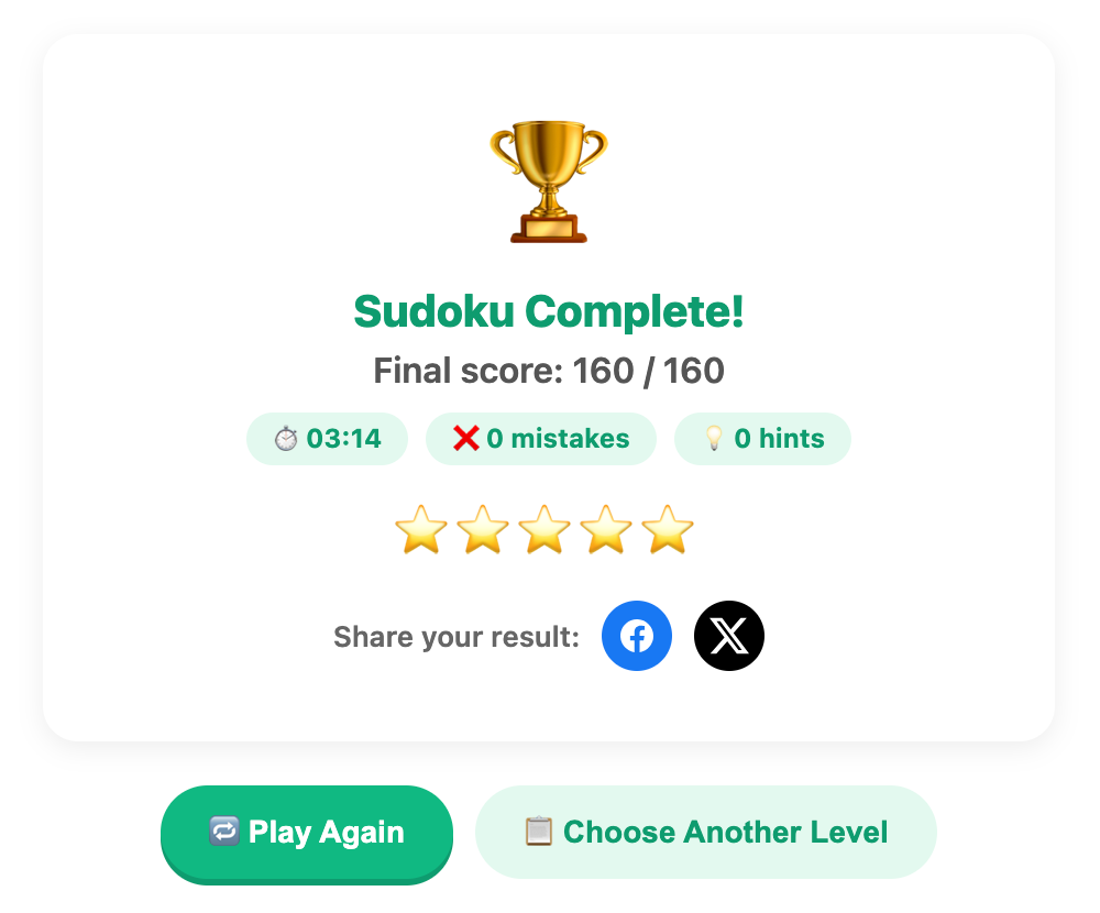 a screenshot when complete a sudoku game