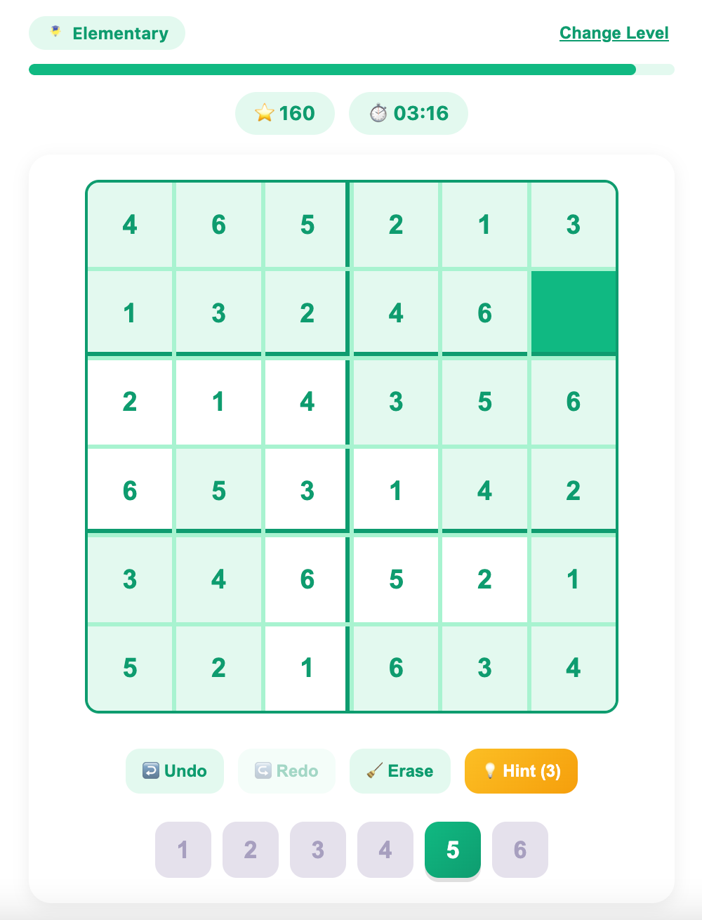 a screenshot when almost numbers are filled in a sudoku kid game