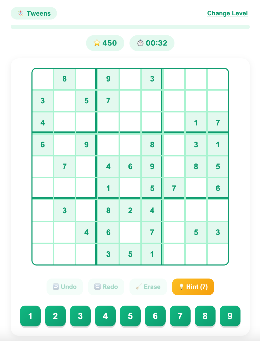 a screenshot about an example sudoku game for tweens