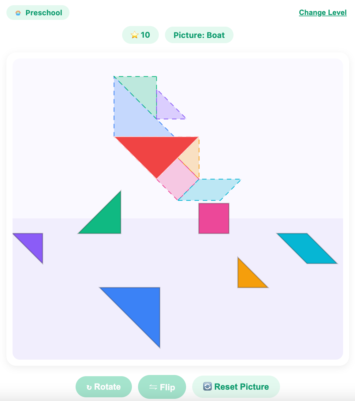 drag a piece to the correct spot in the tangram game