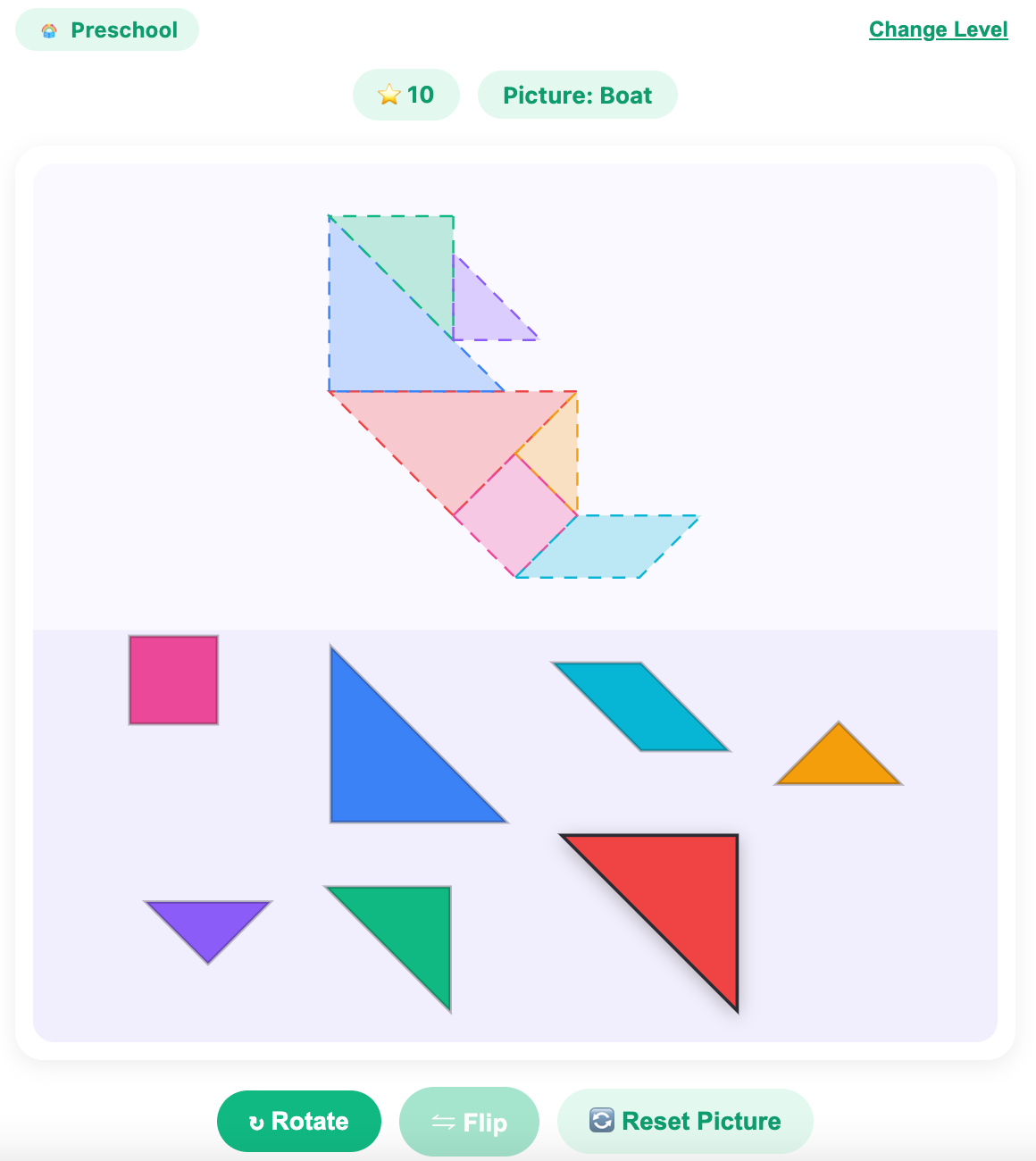 a screenshot when start a new tangram game for preschool