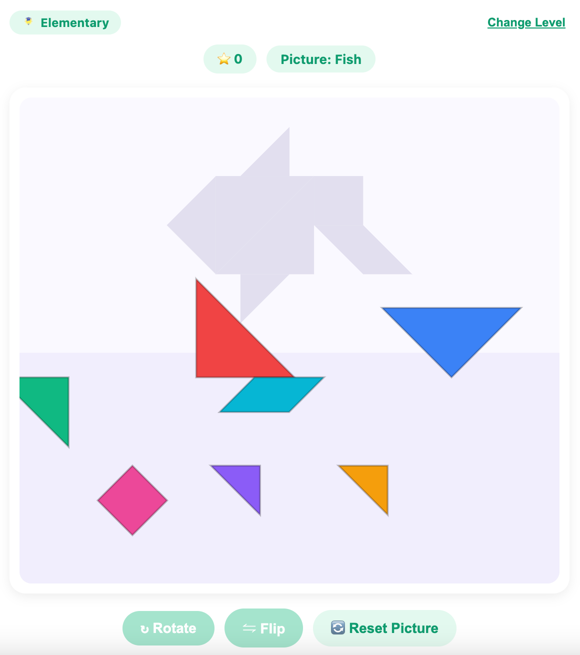 a screenshot when start a new tangram game for elementary
