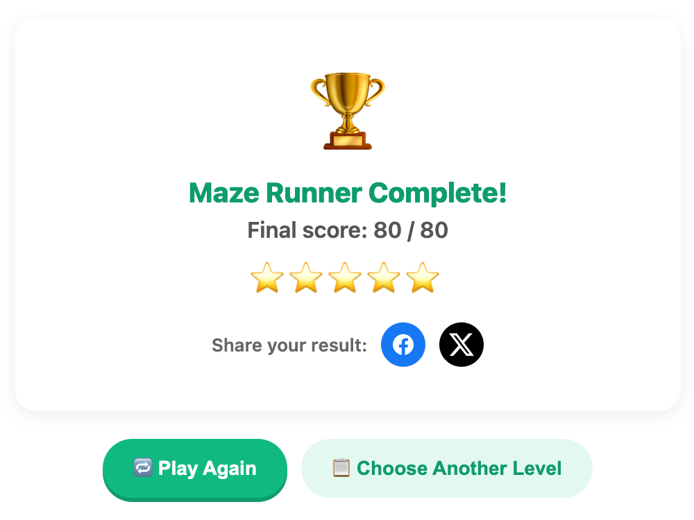 a screenshot when complete a maze runner game