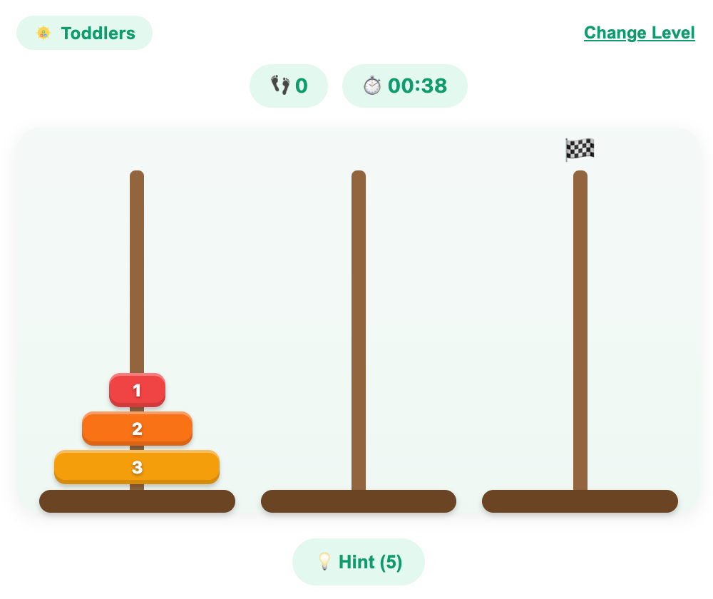 a screenshot when start a tower of Hanoi game for toddlers