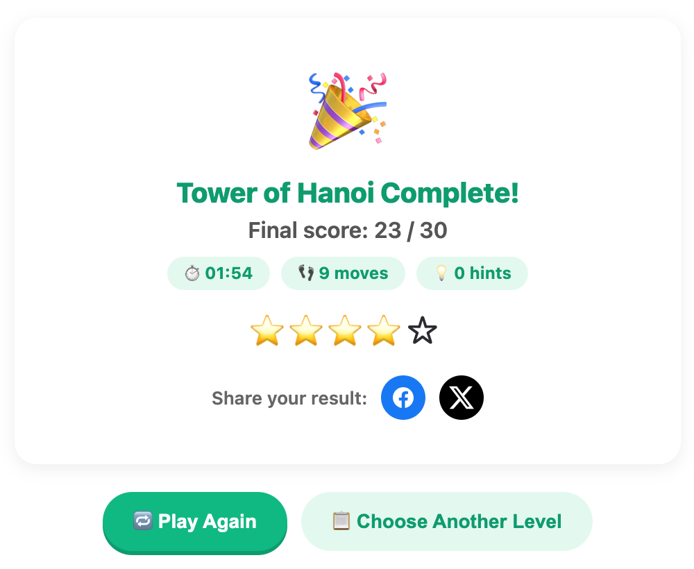 a screenshot when complete a Tower of Hanoi game