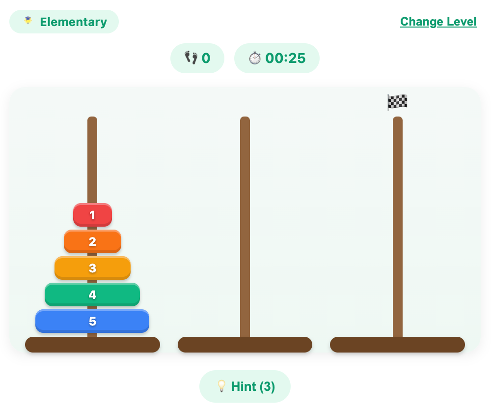 a screenshot when start a Tower of Hanoi game for elementary