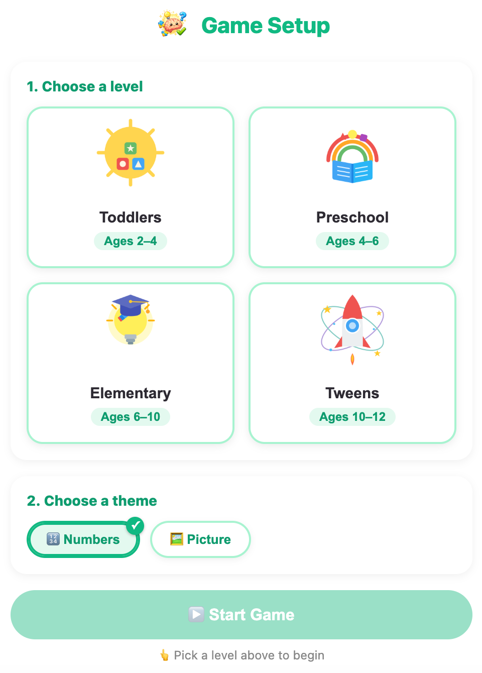 setup screen of the sliding puzzle game