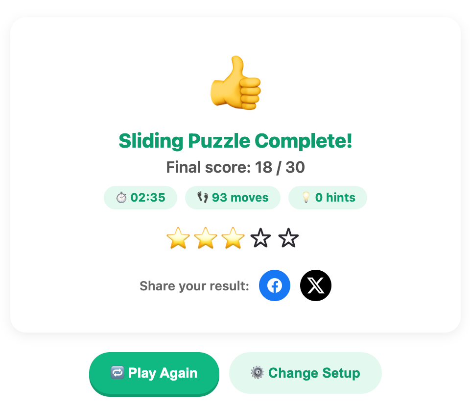 a screenshot when complete a Sliding Puzzle game