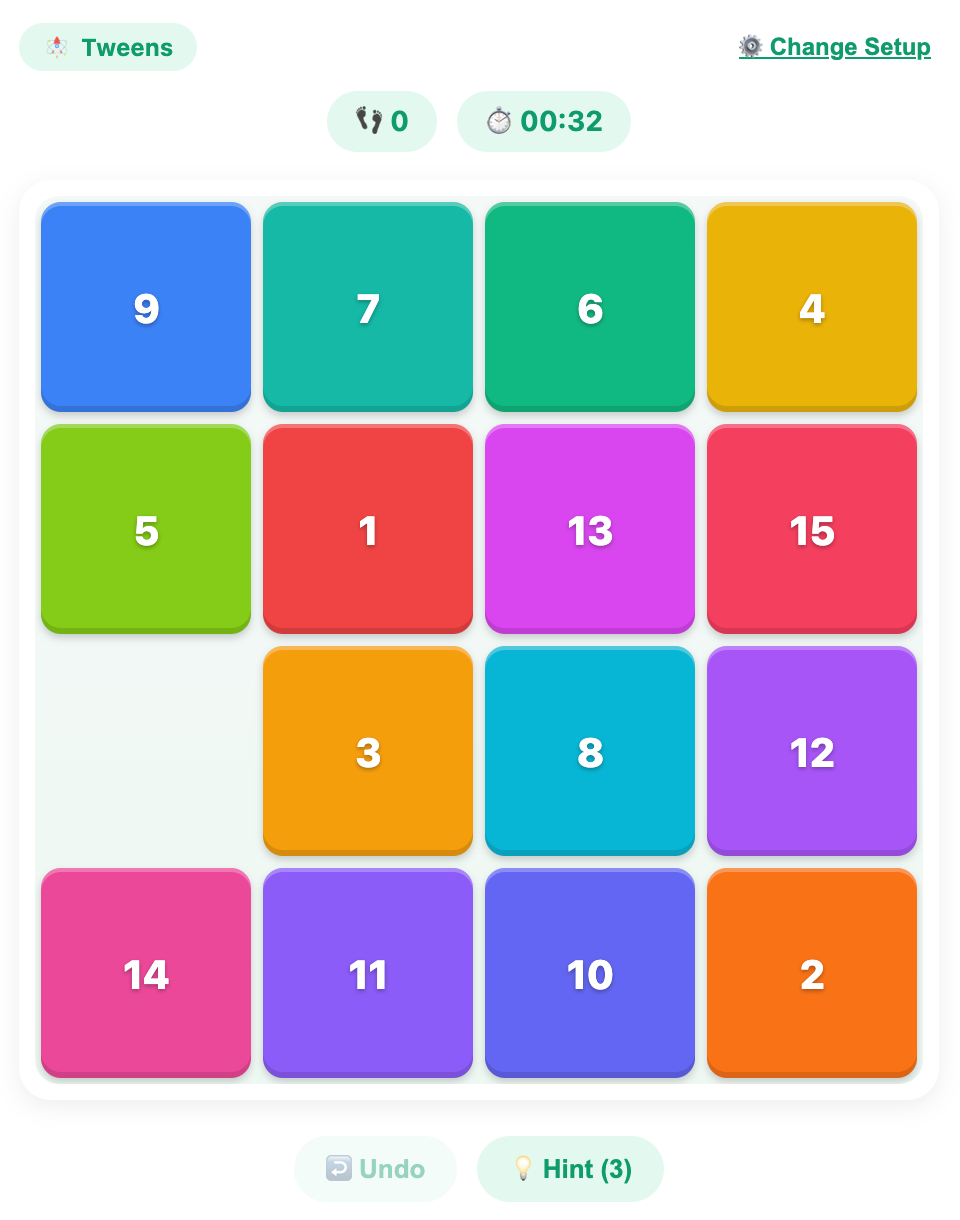 a screenshot when start a new Sliding Puzzle game for tweens