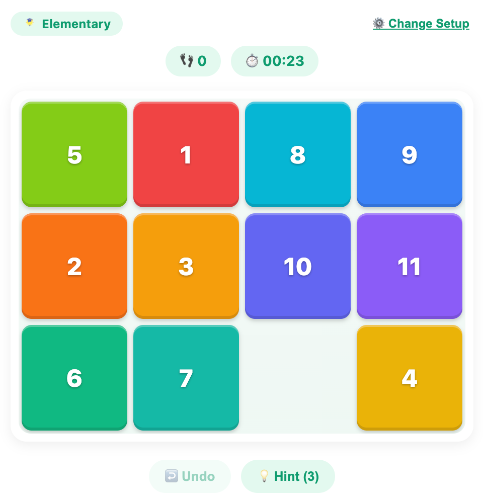 a screenshot when start a new Sliding Puzzle game for elementary