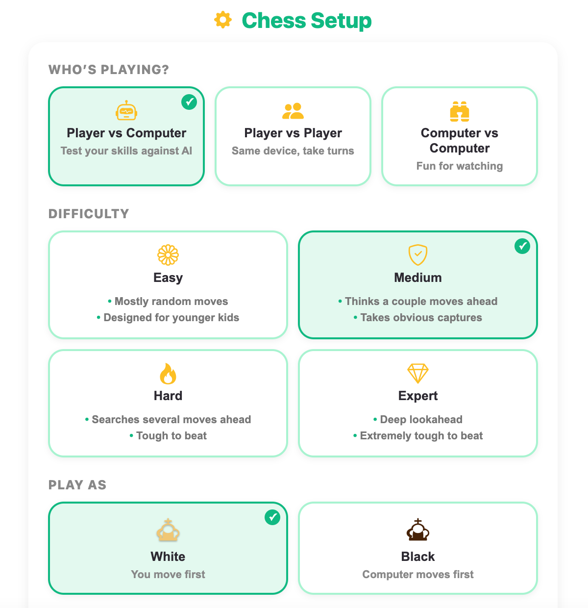 setup screen in the chess game
