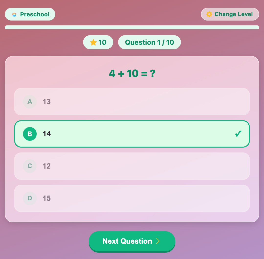 tap a correct answer for a quiz in the addition quiz game