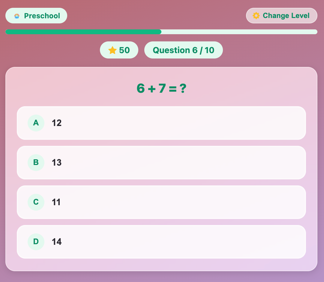 a screenshot when start a new Addition Quiz game for preschool