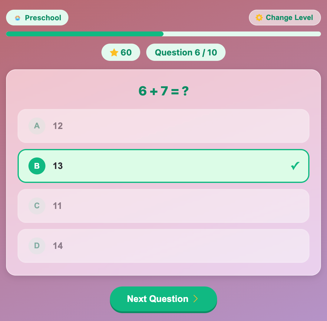a screenshot when tap a correct answer for a quiz of the Addition Quiz game for preschool