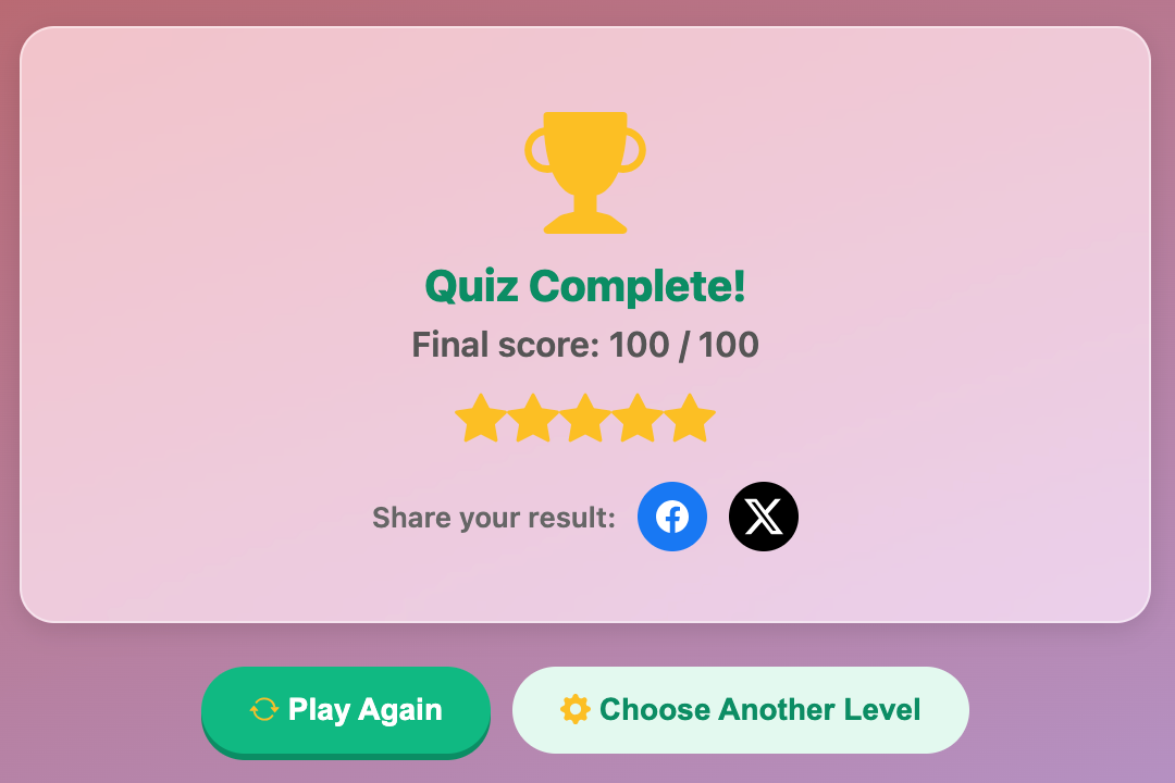 a screenshot when complete an Addition Quiz game