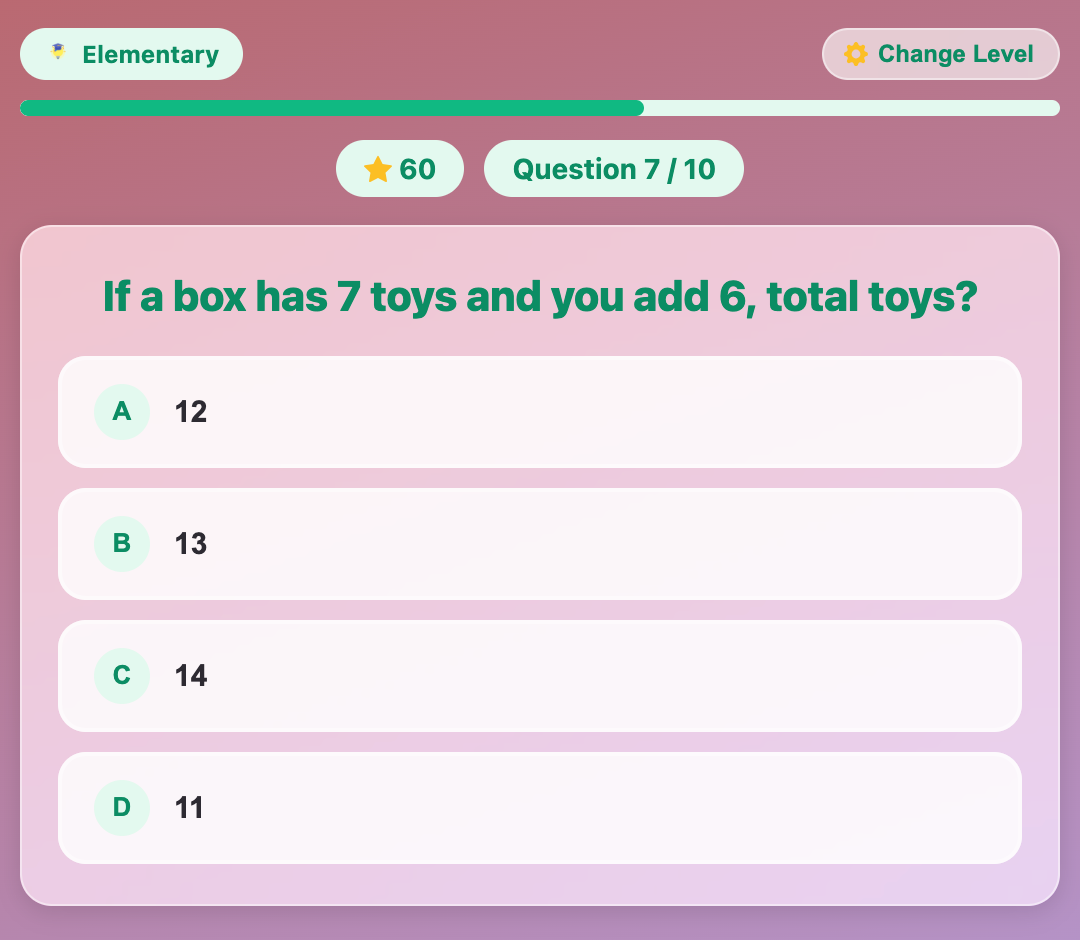 a screenshot when start a new Addition Quiz game for elementary