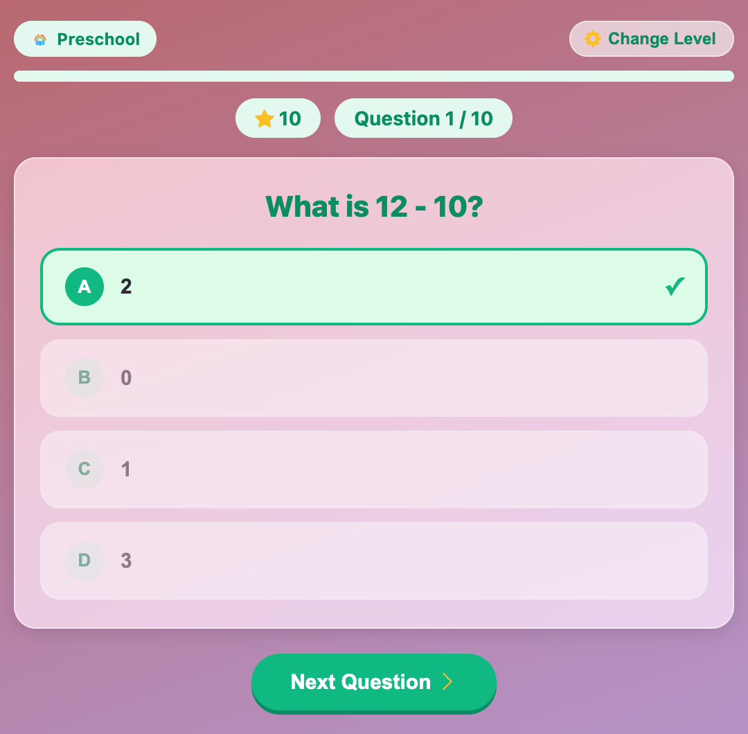 pick a correct answer for a quiz in the Subtraction Quiz game