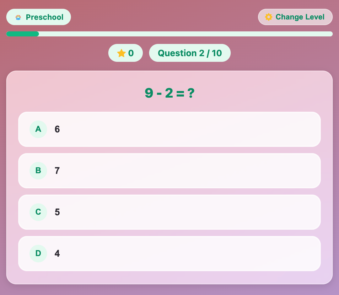 a screenshot when start a new Subtraction Quiz game for preschool