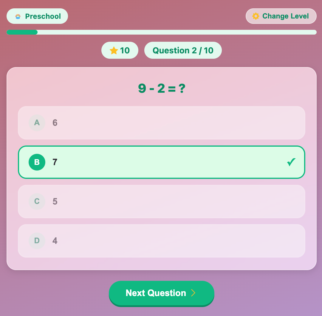 a screenshot when pick a correct answer for a quiz of the Subtraction Quiz game for preschool