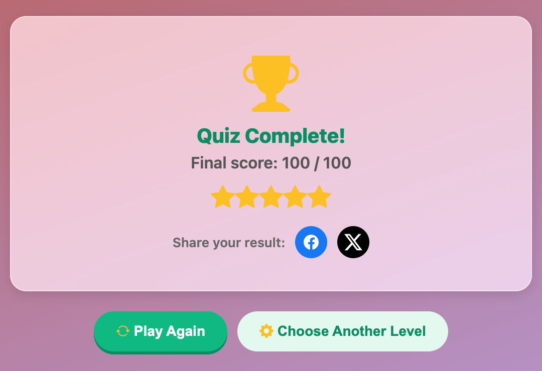 a screenshot when complete a Subtraction Quiz game