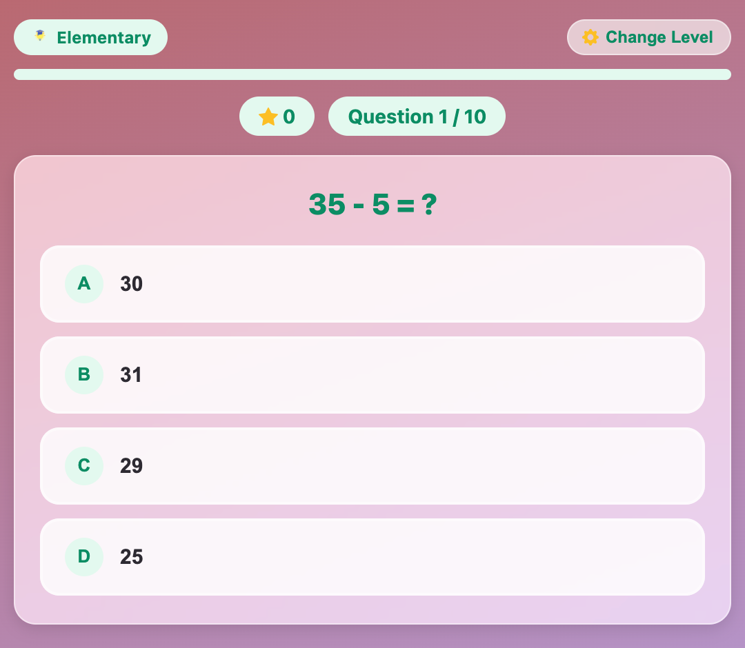 a screenshot when start a new Subtraction Quiz game for elementary