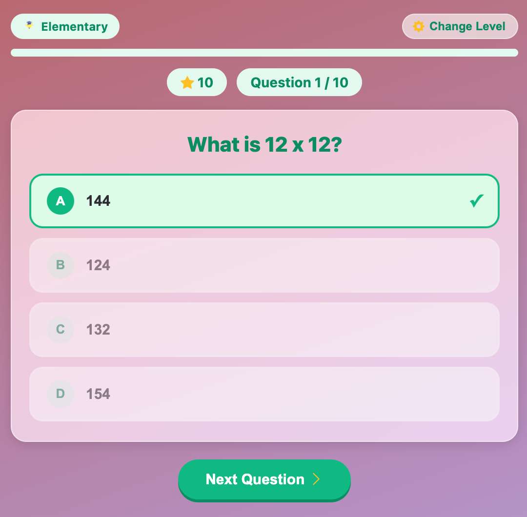 tap a correct answer for a quiz in the Multiplication Quiz game