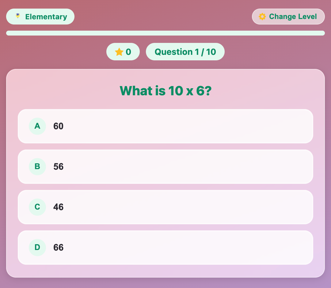 a screenshot when start a new Multiplication Quiz game for elementary