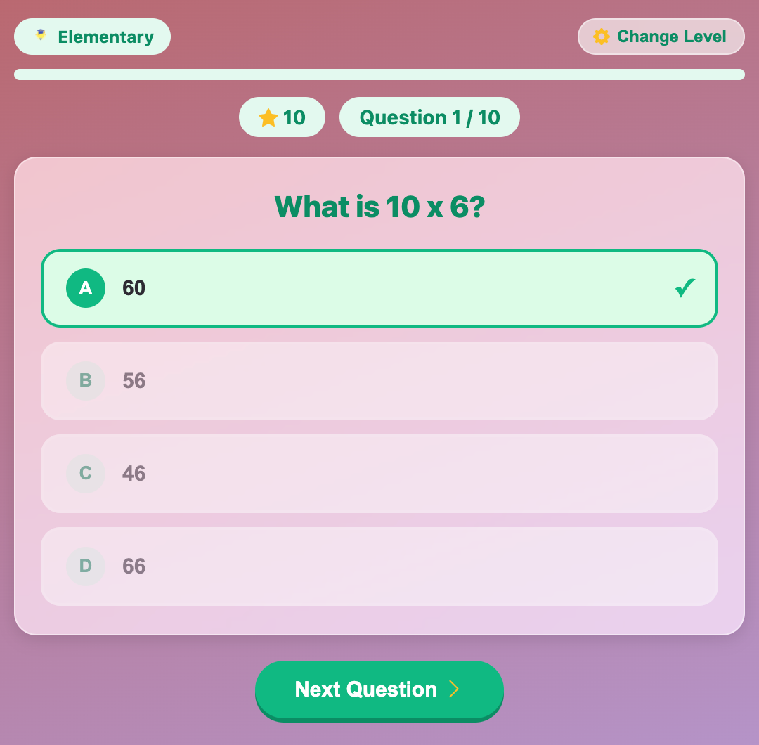 a screenshot when tap a correct answer for a quiz of the Multiplication Quiz game for elementary