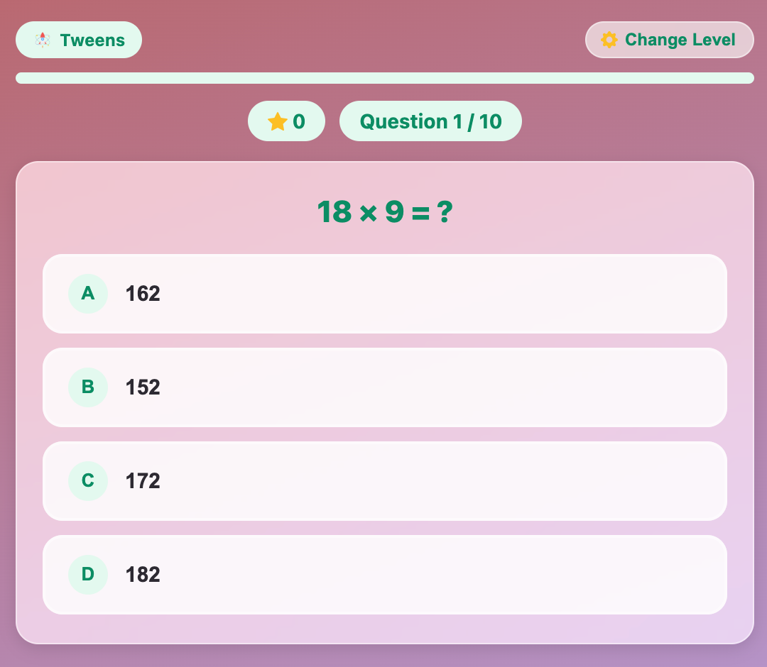 a screenshot when start a new Multiplication Quiz game for tweens