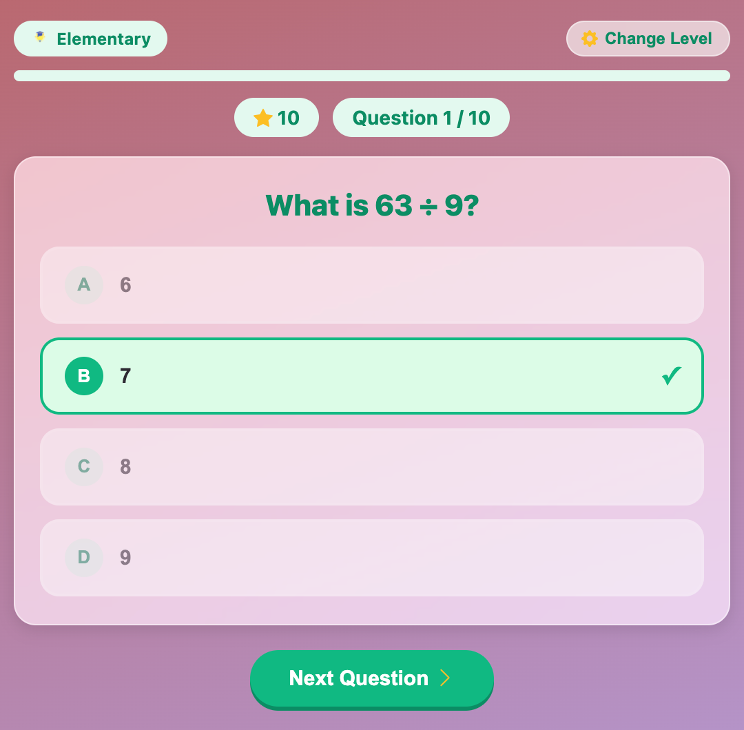 pick a correct answer for a quiz in the Division Quiz game