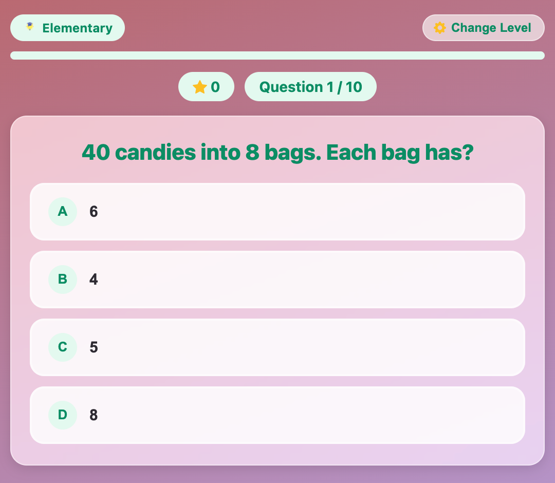 a screenshot when start a new Division Quiz game for elementary