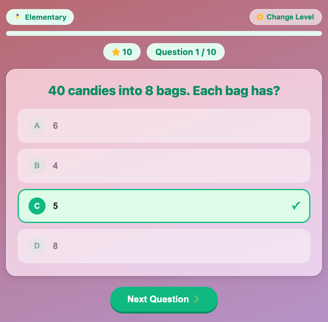 a screenshot when tap a correct answer for a quiz of the Division Quiz game for elementary