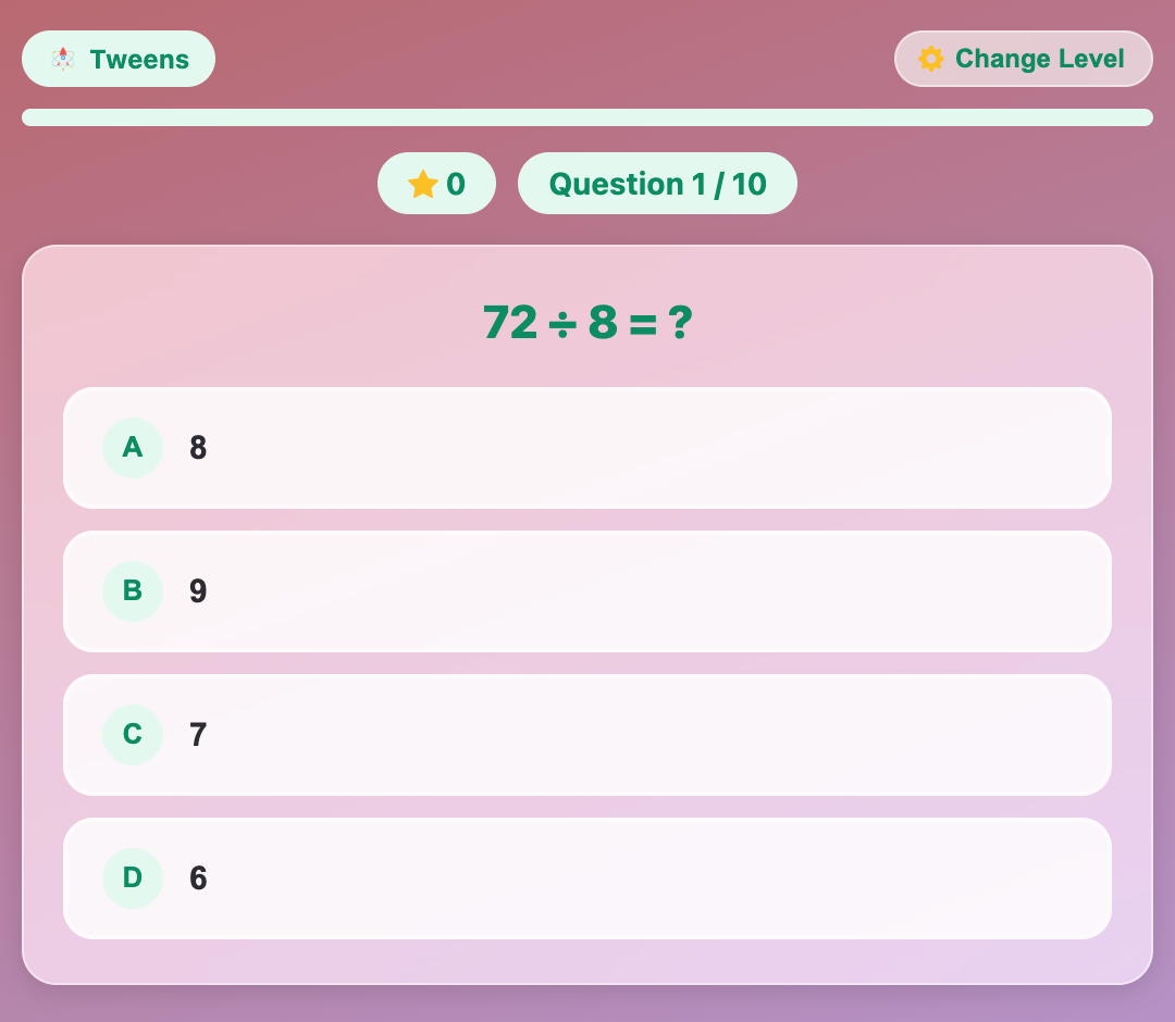 A screenshot when start a new Division Quiz game for tweens