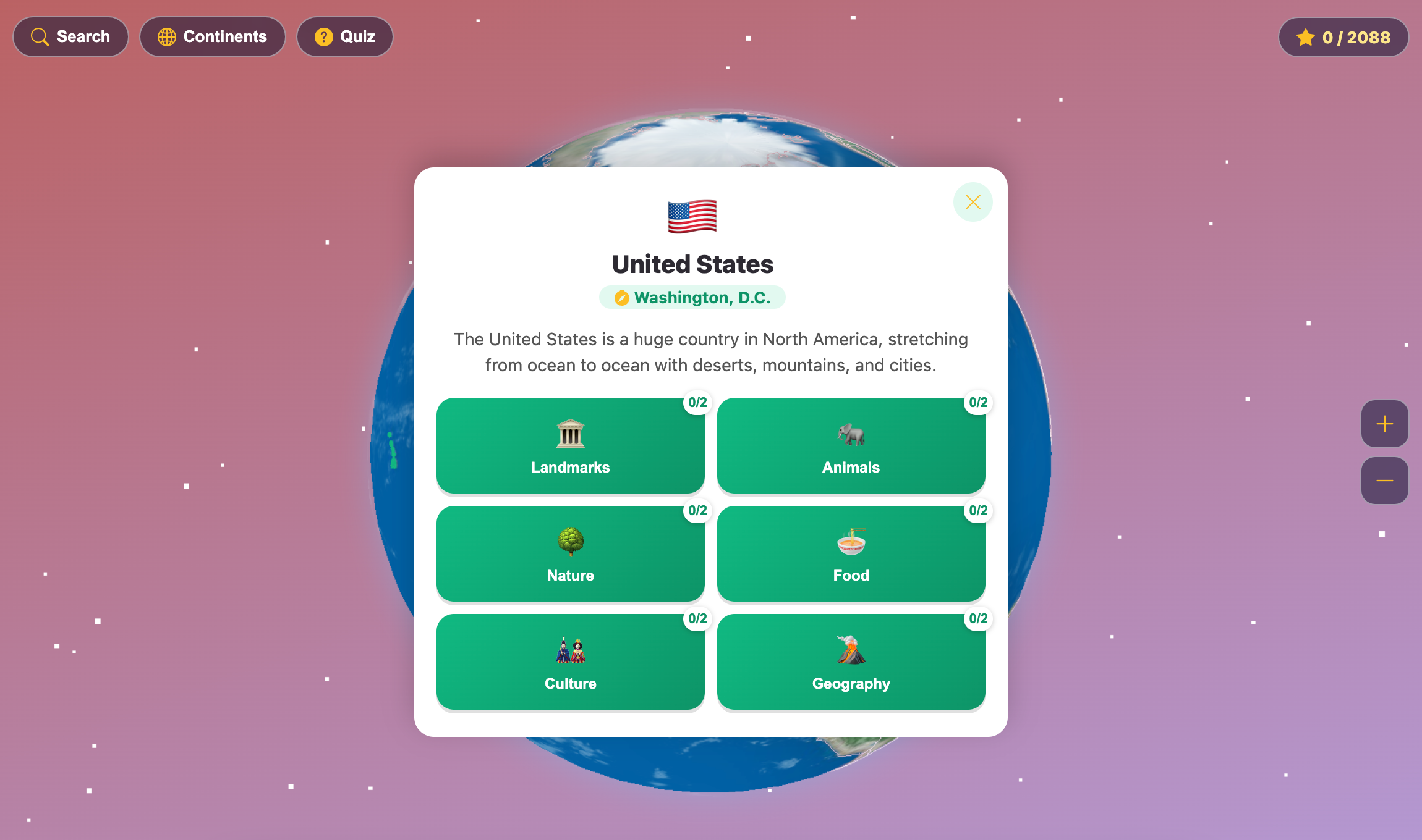 a screenshot about landmarks, animals, nature, food, and culture of the United States country in the Discovery Earth game