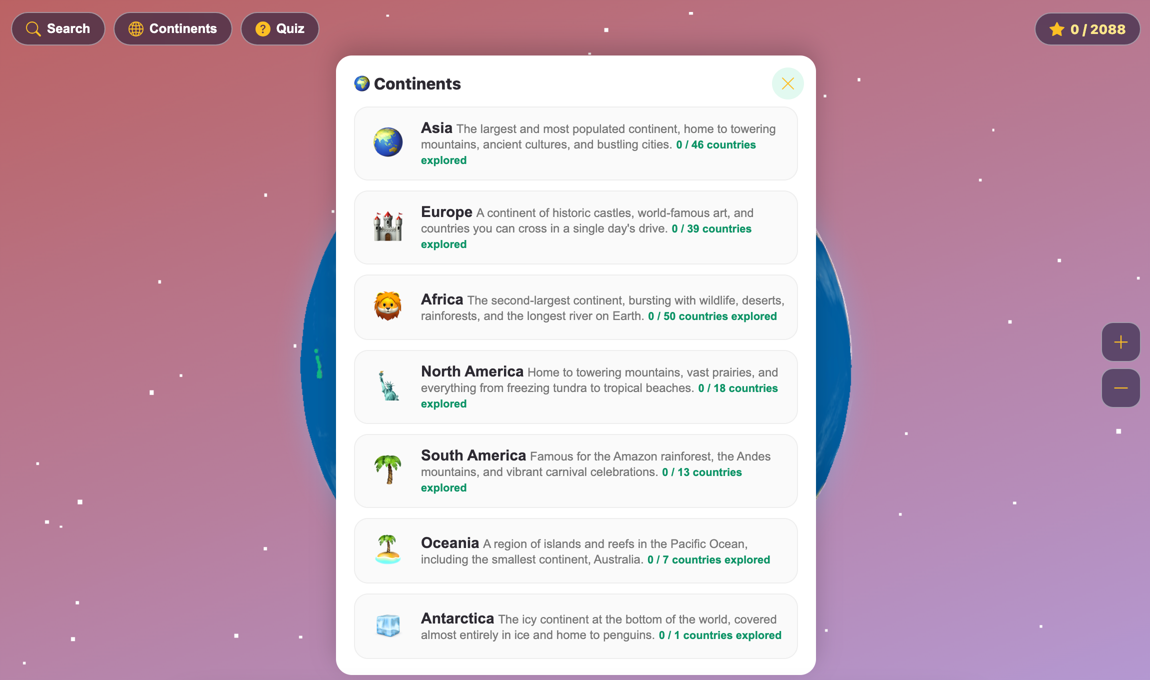 a screenshot of the continents feature in the Discovery Earth game