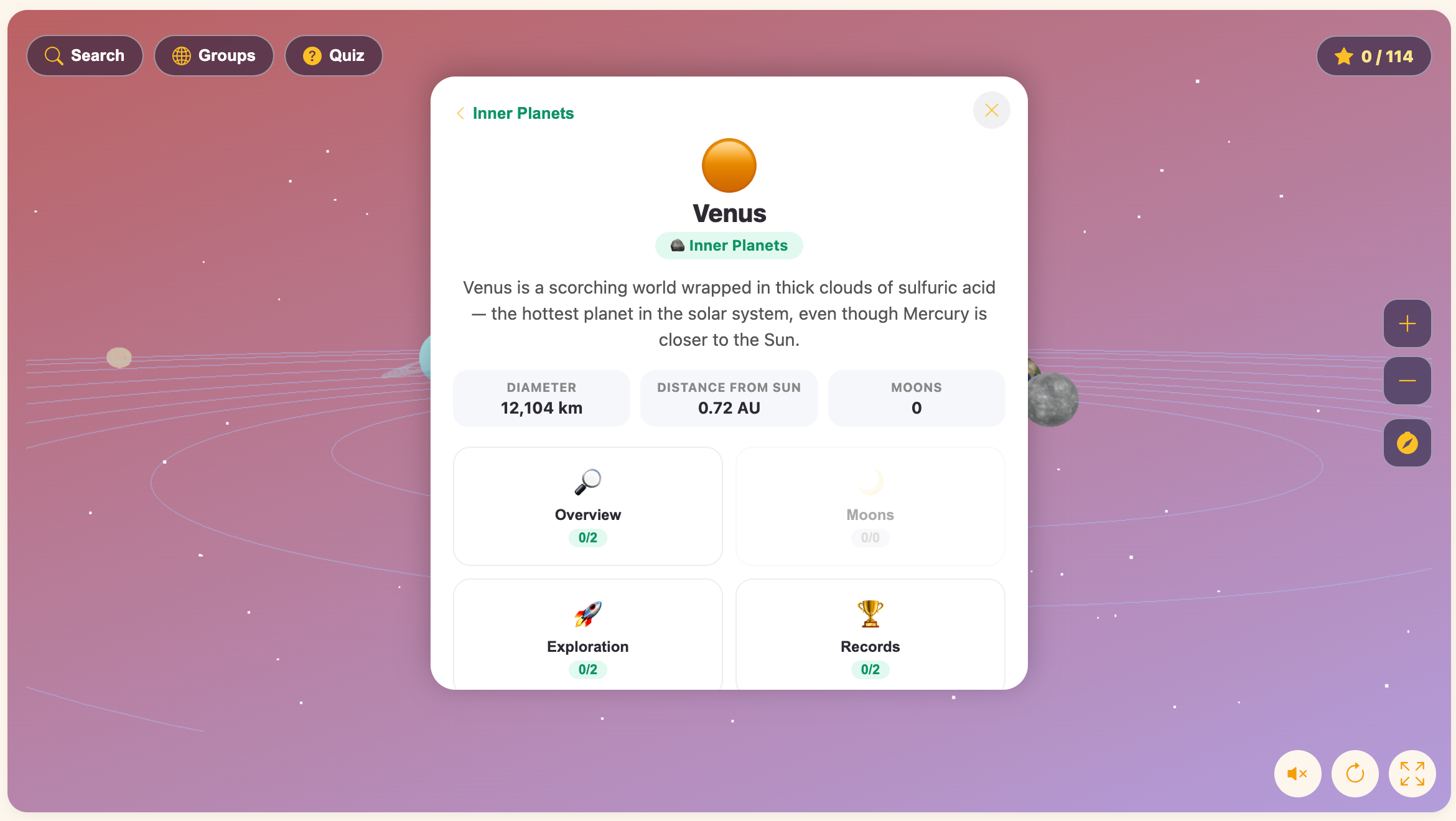 a screenshot showing overview, exploration, records, weather, mythology of the Venus  in the Solar System Explorer game