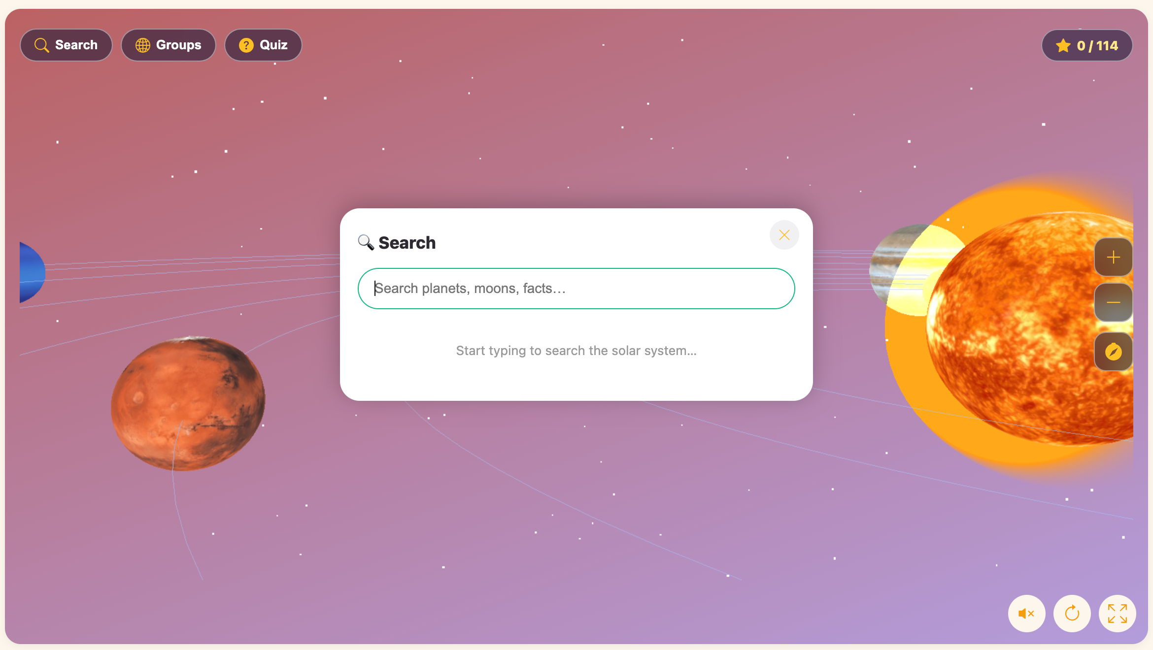 a screenshot of the search feature in the Solar System Explorer game