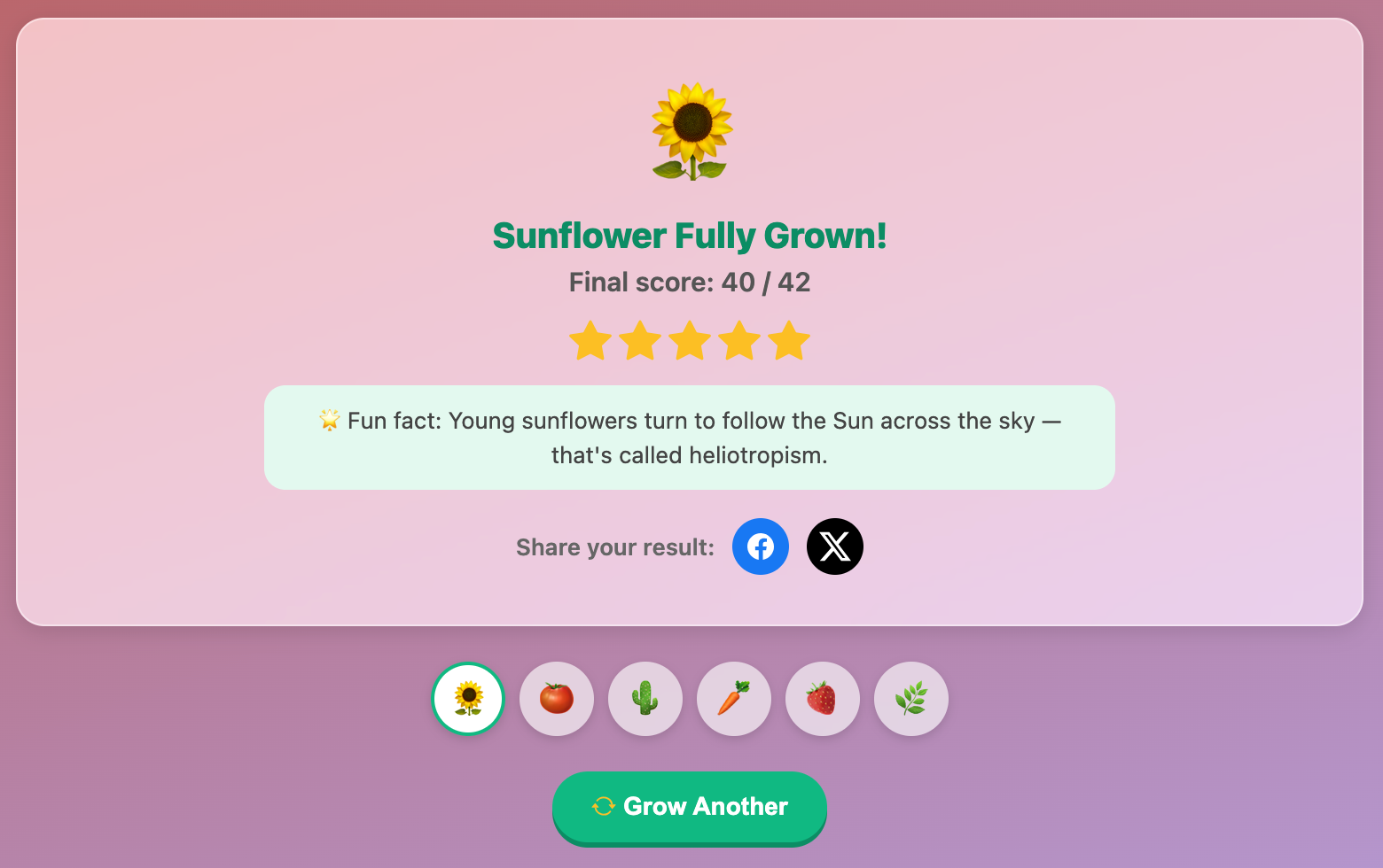 a screenshot when complete a Grow a Plant game