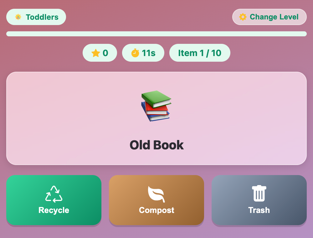 a screenshot about a round in the Recycling Sort game