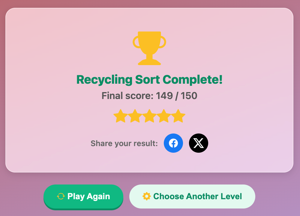 a screenshot when complete a Recycling Sort game