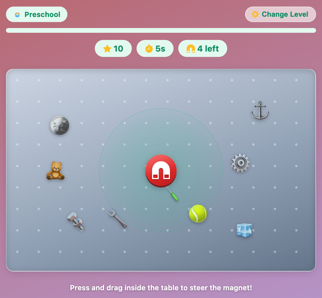 a screenshot when start a new Magnet Experiment game for Preschool