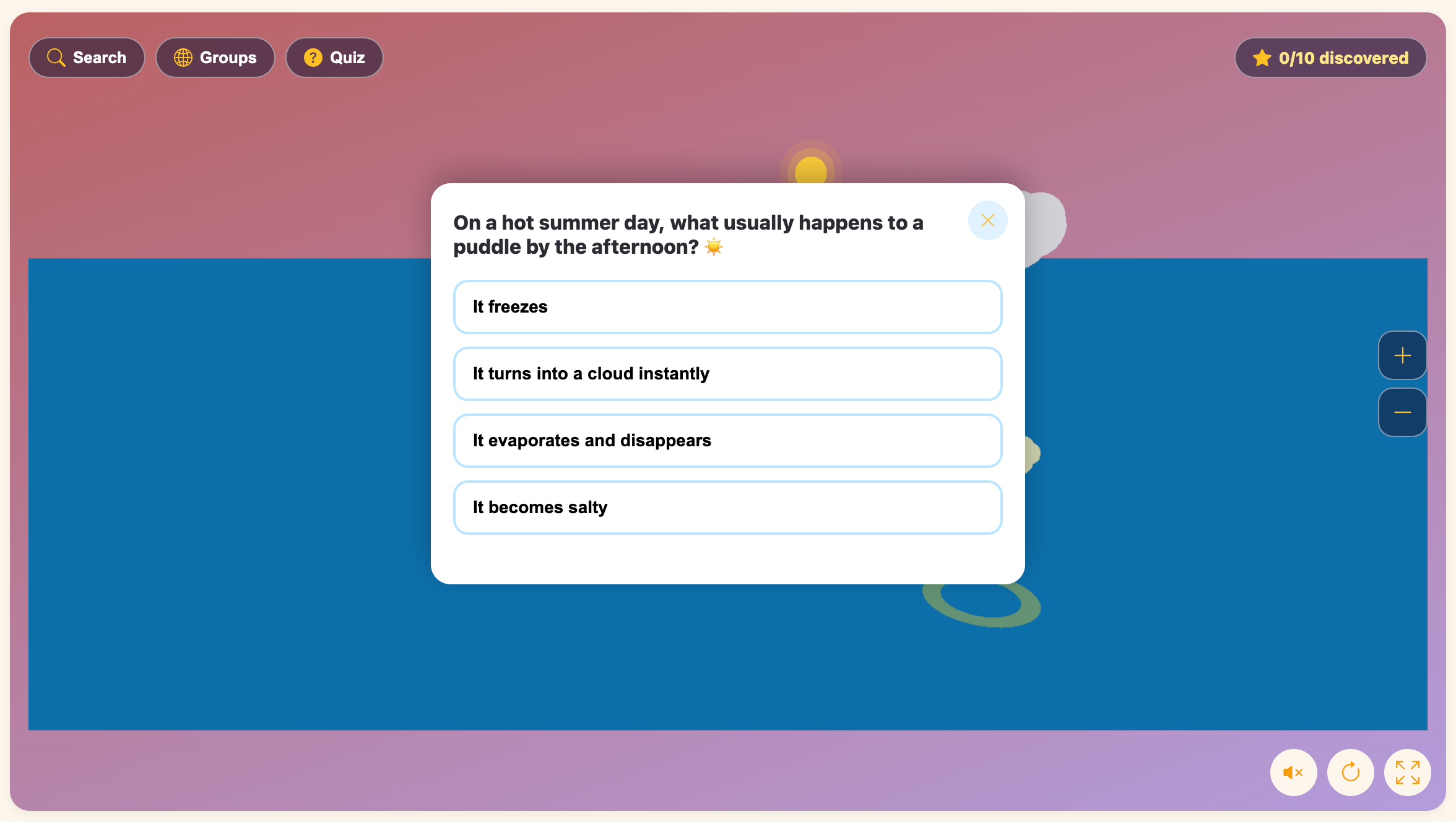 a screenshot about a quiz of the Water Cycle Explorer game