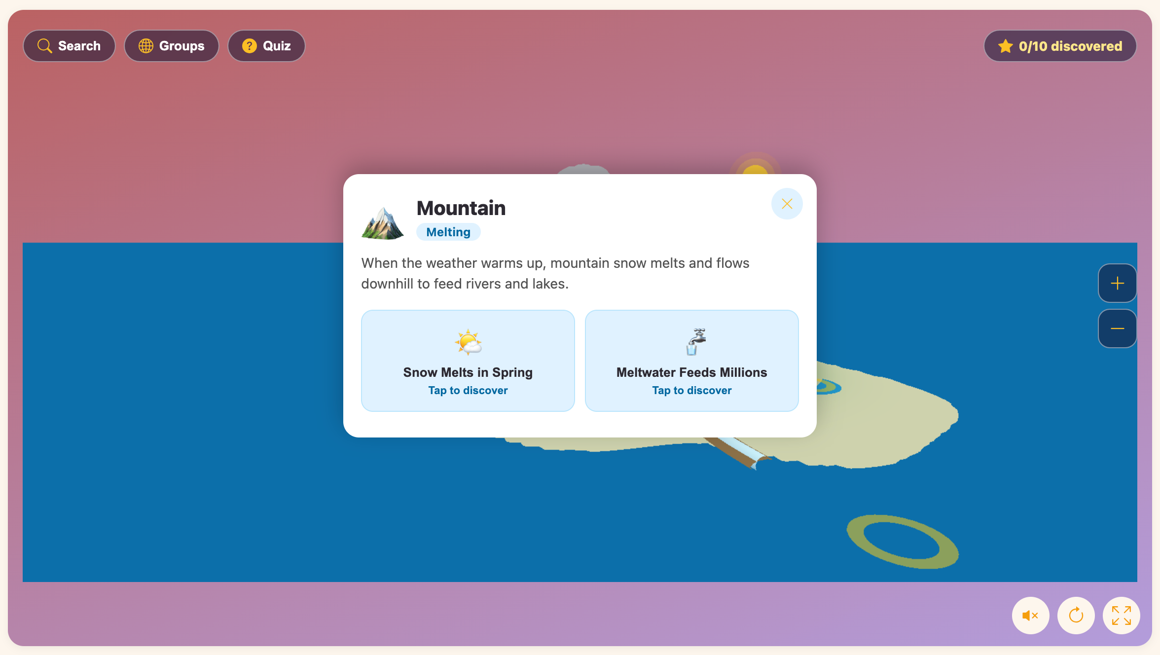 a screenshot showing information about the mountain scene in the Water Cycle Explorer game