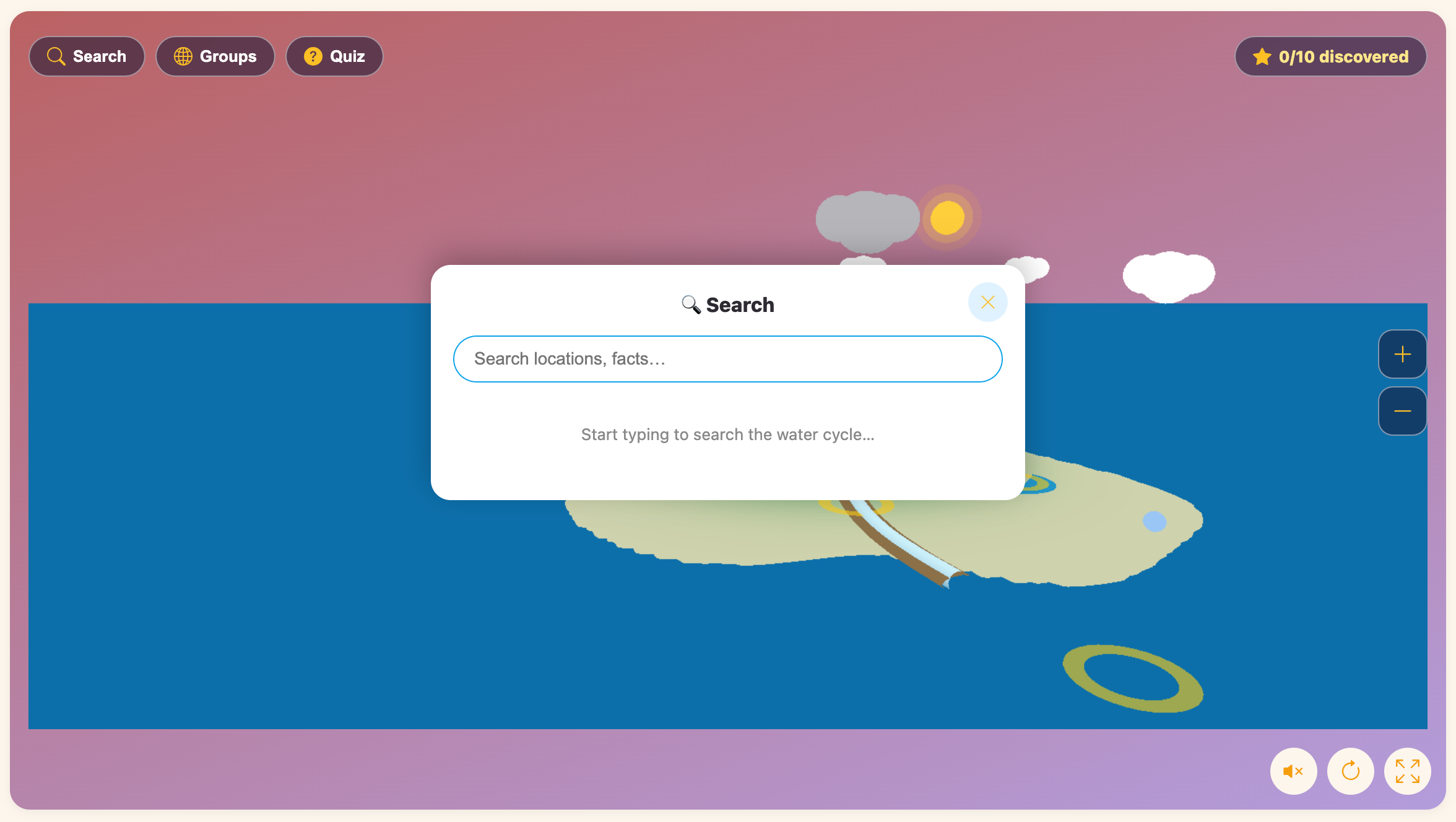 a screenshot about search feature of the Water Cycle Explorer game