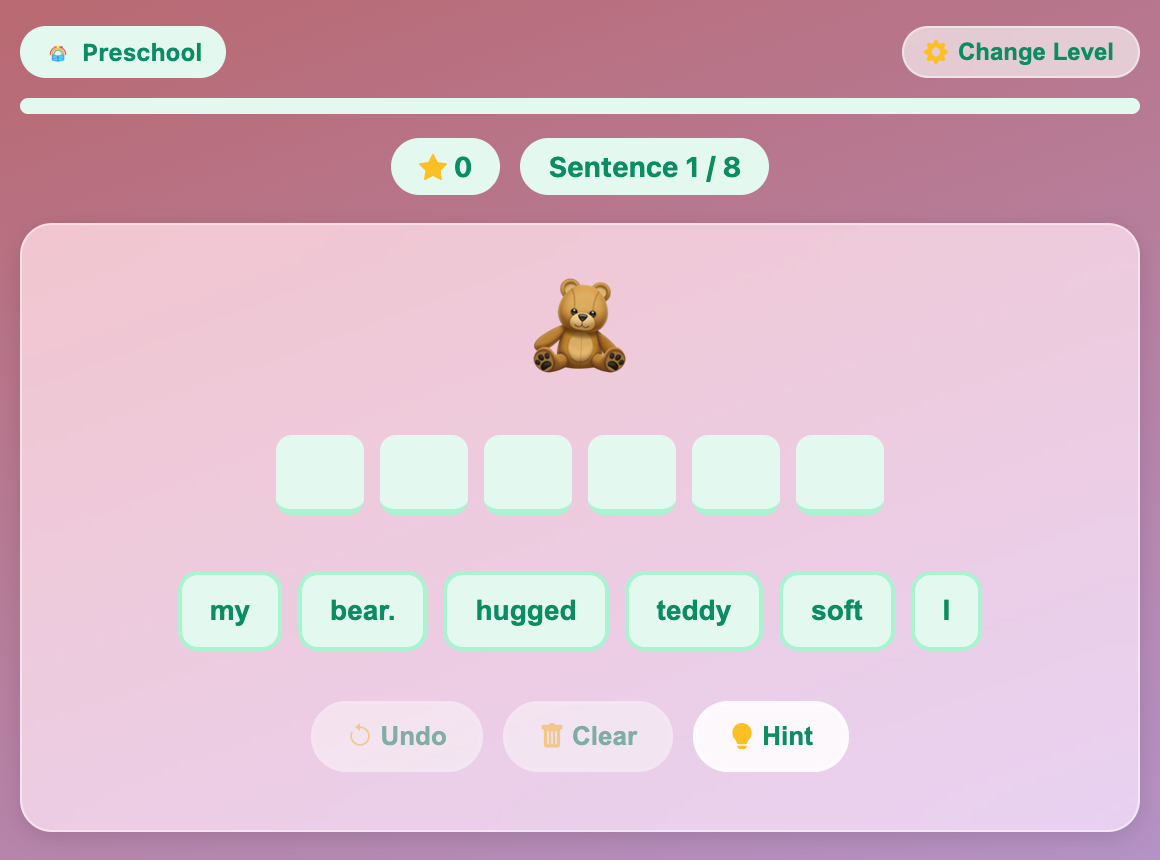 a screenshot when start a new Sentence Builder game for preschool