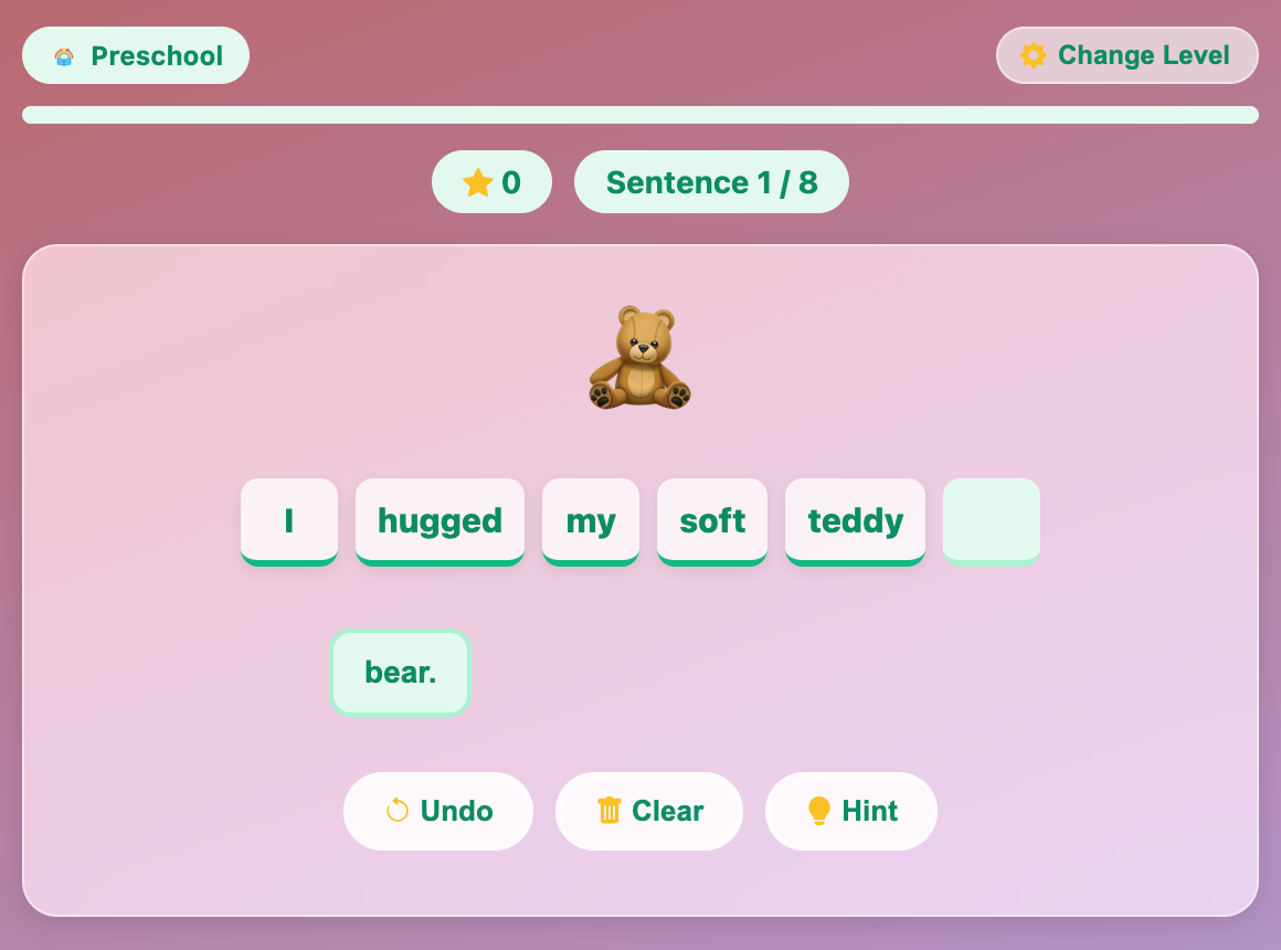 a screenshot showing a nearly completed sentence in the Sentence Builder game