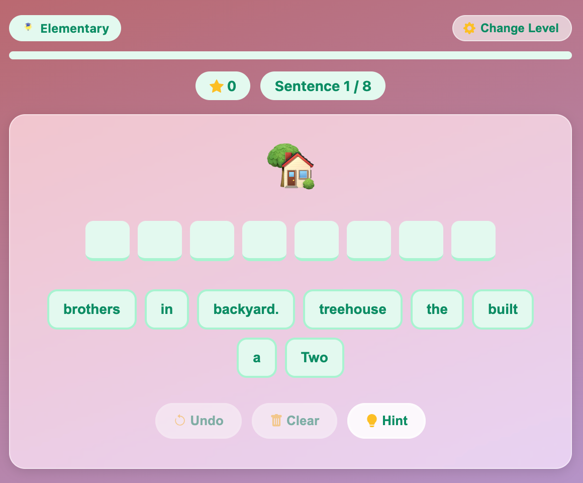 a screenshot when start a new Sentence Builder game for elementary