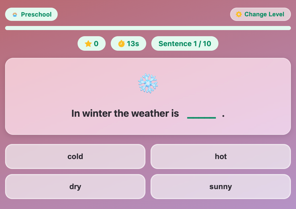 a screenshot when start a new Complete the Sentence game for preschool