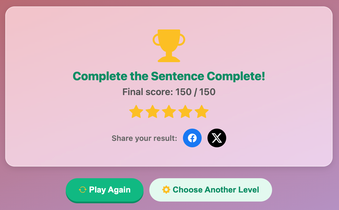 a screenshot when complete a Complete the Sentence game